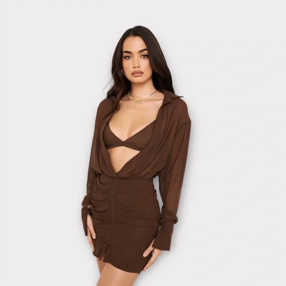 HOUSE of CB Small NWT CLEO Chocolate Chiffon Shirt Dress - Picture 8 of 16
